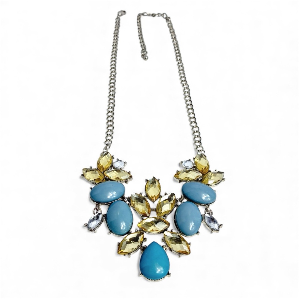 Blue & Yellow Rhinestone Statement Necklace Silver Tone Chain Costume Jewelry